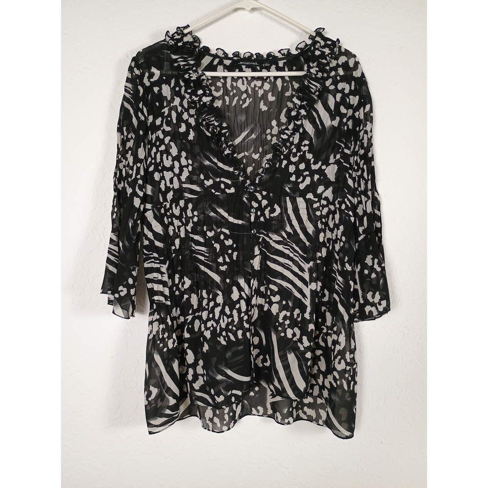 NOTATIONS Black & White Animal Print Ruffle V-Neck Sheer Tunic Top Womens L